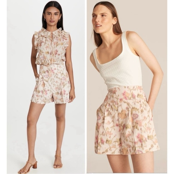 Rebecca Taylor Hollywood High Waist Floral Print Pleated Shorts with Pockets NEW